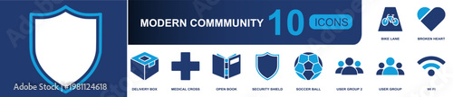 Modern community icon set. Containing bike lane, broken heart, delivery box, medical cross, open book, security shield, soccer ball, user group, wi fi and more. Solid fill vector icons.