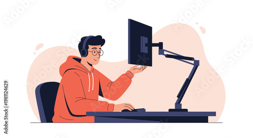 Gamer with Headphones Playing Video Games on Computer