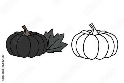 Minimalist black pumpkin vector illustration, hand drawn autumn gourd with leaf, gothic halloween pumpkin line art, dark seasonal harvest icons