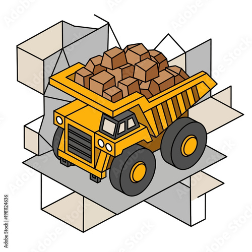 Yellow dump truck carrying rocks in an open cardboard box.
