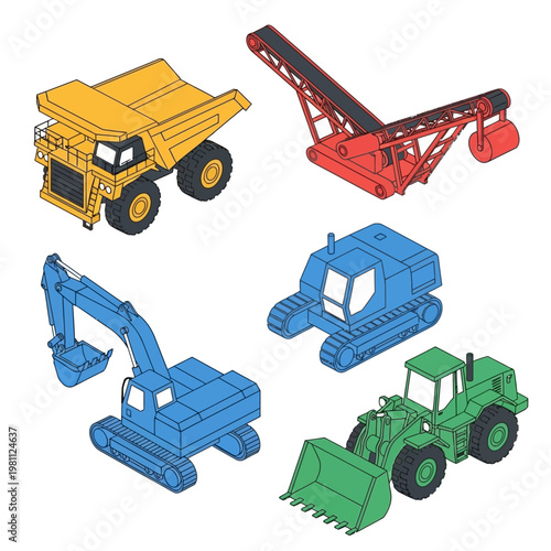 Collection of construction vehicles and heavy machinery.