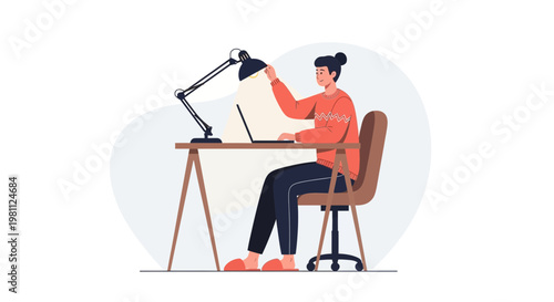 Woman working on laptop at desk with desk lamp, home office setup, cozy atmosphere