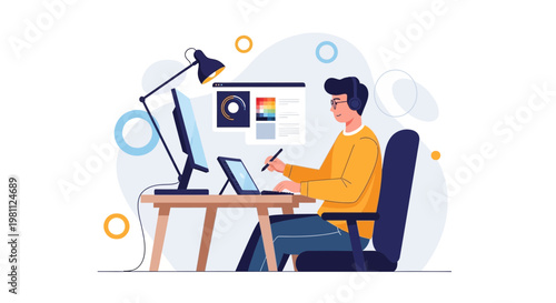 Graphic designer working on computer with headphones and tablet, creative workspace