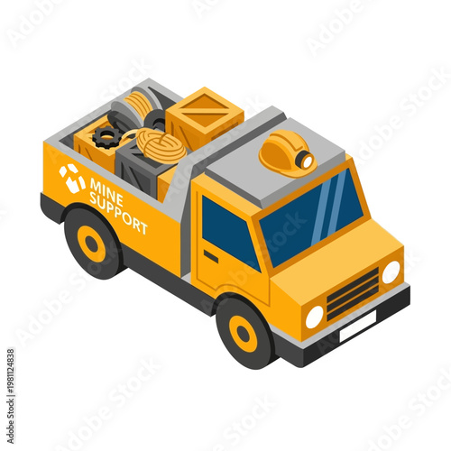 Yellow mining support truck with equipment and supplies.