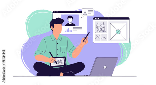 Graphic designer working on laptop and tablet, online education, digital art creation