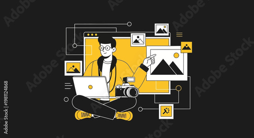 Graphic designer working on laptop with camera and digital images, creative process