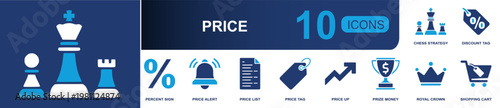 Price and discount icon set. Containing percent sign, alert bell, price list, price tag, growth arrow, prize trophy, royal crown, shopping cart, chess and more. Solid fill vector icons.