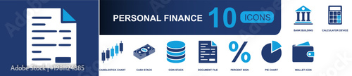 Personal finance icon set. Containing bank building, calculator, candlestick chart, cash stack, coin stack, wallet, percent sign, pie chart, document file and more. Solid fill vector icons.