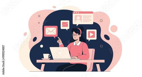 Woman working on laptop with email, video, and profile icons floating around her.