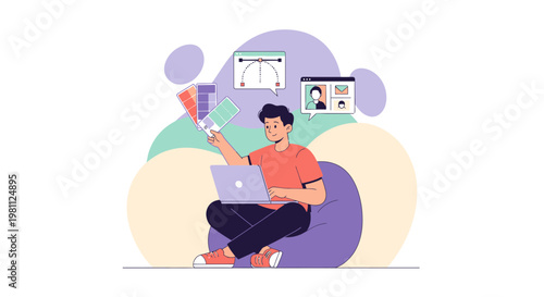 Graphic designer working on laptop with color swatches and design tools