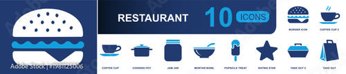 Restaurant food service icon set. Containing burger, coffee cup, cooking pot, jam jar, mortar bowl, popsicle, rating star, take out, food packaging and more. Solid fill vector icons.