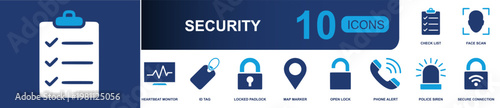 Security icon set. Containing check list, face scan, heartbeat monitor, ID tag, locked padlock, open lock, phone alert, police siren, secure connection and more. Solid fill vector icons.