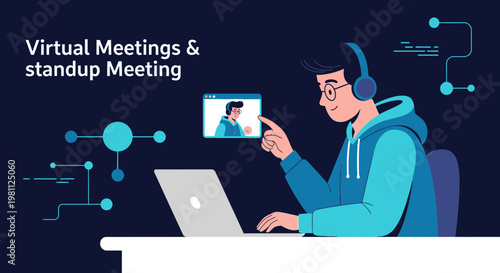Young man in headphones attending virtual meeting on laptop, online communication concept
