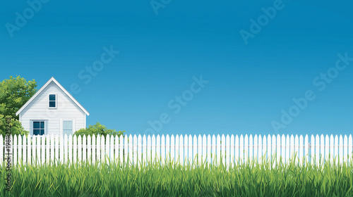 White Picket Fence Vibrant Green Grass Simple Life Concept for Real Estate Advertising and National Homeownership Month