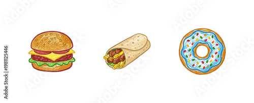 Fast Food Favorites and Popular Takeout Snacks in Colorful Crayony Brushstroke Style