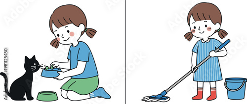 Cute girl doing household chores vector set with feeding cat and mopping floor cartoon illustration