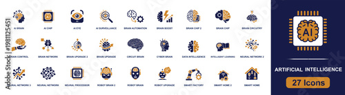 Artificial intelligence icon set containing AI brain, AI chip, AI eye, brain automation, neural network, robot brain, smart factory, smart home and more, modern solid fill vector icons.