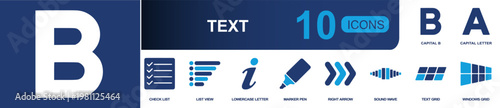 Text typography icon set. Containing checklist, list view, lowercase letter, marker pen, right arrow, sound wave, text grid, windows grid, capitals and more. Solid fill vector icons.