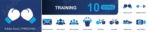 Training fitness icon set. Containing boxing gloves, dumbbell, email notification, group training, lecture podium, road bike, running shoe, video camera and more. Solid fill vector icons.