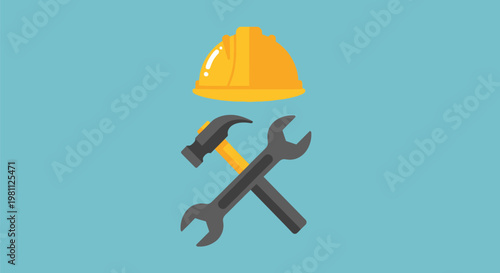 Construction hard hat with crossed hammer and wrench tools.