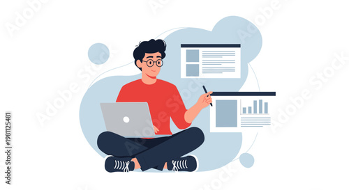 Young man with glasses working on laptop, presenting data and content online