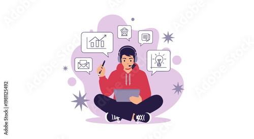 Young man with headphones and tablet, surrounded by business icons, working remotely