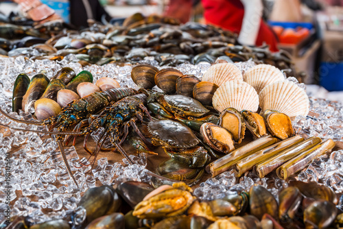 Fresh seafood on ice market display
