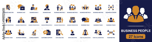 Business people icon set. Containing meeting, presentation, teamwork, collaboration, analysis, customer support, executive, networking, office worker and more. Solid fill vector icons.