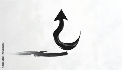 A striking black brushstroke forms an upward-pointing arrow shape against a clean white background, evoking a sense of progress and dynamism.