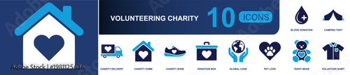 Volunteering charity icon set. Containing blood donation, camping tent, charity delivery, charity home, donation box, global care, pet love, volunteer shirt and more. Solid fill vector icons.