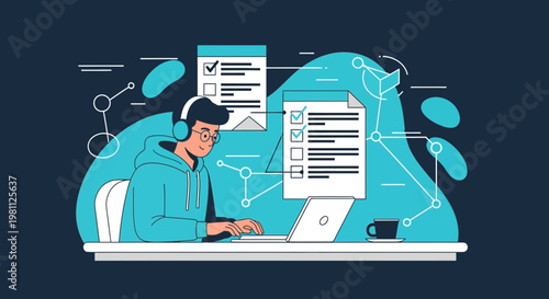 Young man with headphones working on laptop, checking tasks on checklist, online education concept