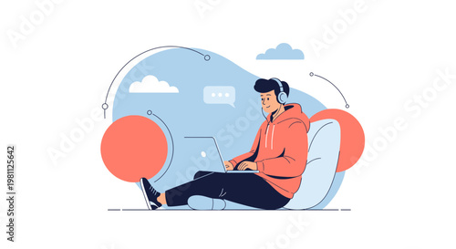 Young man with headphones working on laptop, relaxing on bean bag chair, flat design