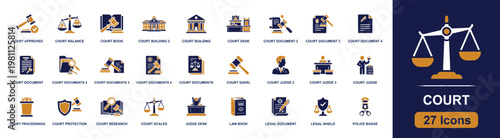 Court and legal justice icon set containing gavel, scales, courthouse, judge, law book, legal document, court desk, court proceedings, police badge and more in solid fill vector style.