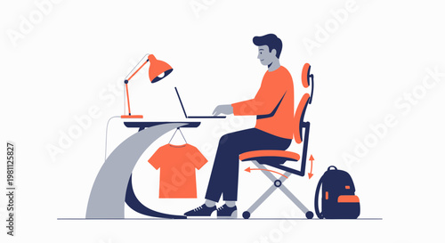 Young man working on laptop at desk, ergonomic chair, t-shirt and backpack