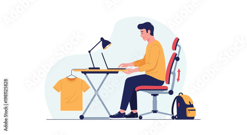 Young man working on laptop at desk with t-shirt and backpack, ergonomic chair