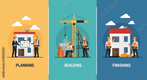 Construction process stages - planning, building, and finishing with workers and equipment.