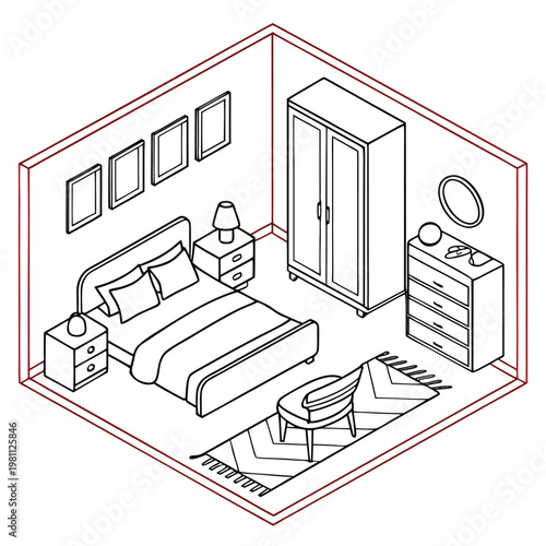 Isometric view of a minimalist bedroom featuring a bed wardrobe and dressing table