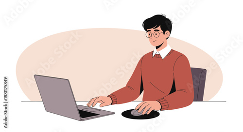 Young man working on laptop at desk, modern illustration, remote work concept