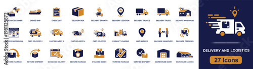 Delivery logistics icon set. Containing delivery truck, cargo ship, checklist, box, warehouse, map marker, package tracking, return shipment, barcode scanner and more. Solid fill vector icons.
