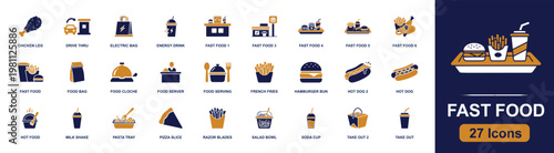 Fast food icon set containing burger, fries, hot dog, pizza slice, soda cup, milk shake, chicken leg, take out, drive thru, salad bowl, energy drink and more, solid fill vector glyph icons.
