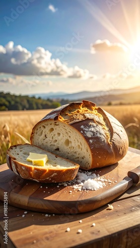 Crusty, rustic loaf of bread on a cutting board, alongside a buttered slice and field backdrop
