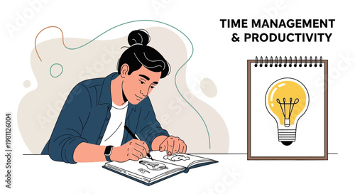 Young person drawing in notebook, time management and productivity concept with lightbulb