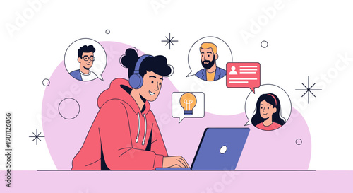 Young person in headphones learning online with video calls and idea bulb