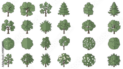 Various trees vector 2D CAD illustrations showcase different foliage styles.
