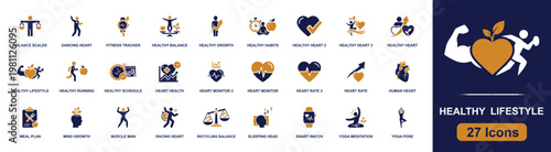 Healthy lifestyle icon set. Containing fitness tracker, healthy heart, running, meal plan, smart watch, yoga pose, heart monitor, sleeping head, muscle man and more. Solid fill vector icons.