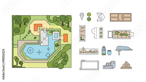 Vector 2D CAD illustration of a resort layout with pool and facilities