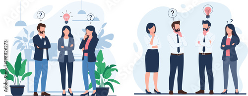 Business People with Lightbulbs and Question Marks Above Their Heads for Brainstorming, Idea Generation, and Problem-Solving Concepts