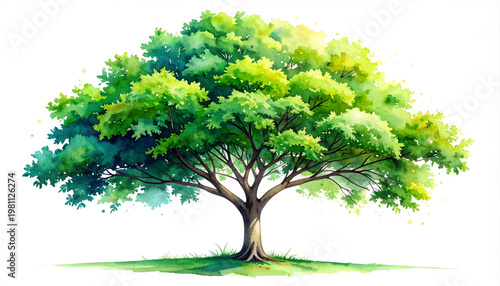 A vibrant watercolor painting depicts a lush, full tree against a clean white background.