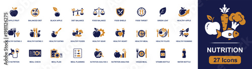 Nutrition icon set. Containing apple, balanced diet, healthy meal, meal plan, vegan meal, vitamin bottle, water bottle, food balance, healthy running and more. Solid fill vector icons.