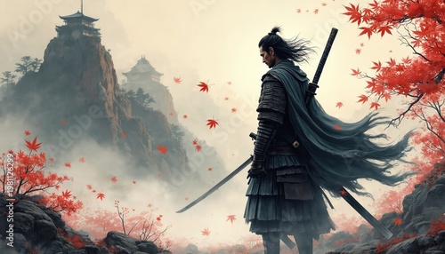 Japanese samurai warrior stands on rocky mountain path with red maple leaves falling. Ancient castle building on peak shrouded in mist. Warrior wears traditional armor and holds katana sword.